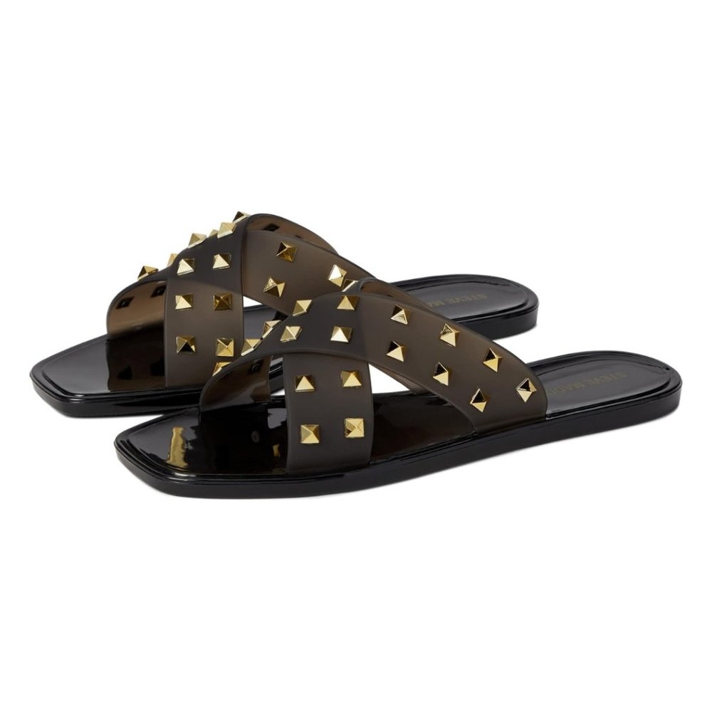 Steve Madden Tace Studded Slip On Black + Gold Sandal Size 7
